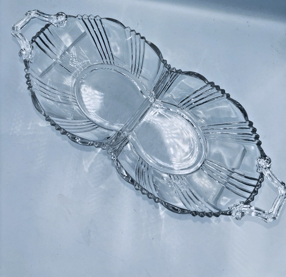 Vintage Fostoria Glass Sunray Divided Relish Tray w Handles Clear 11 5/8" L